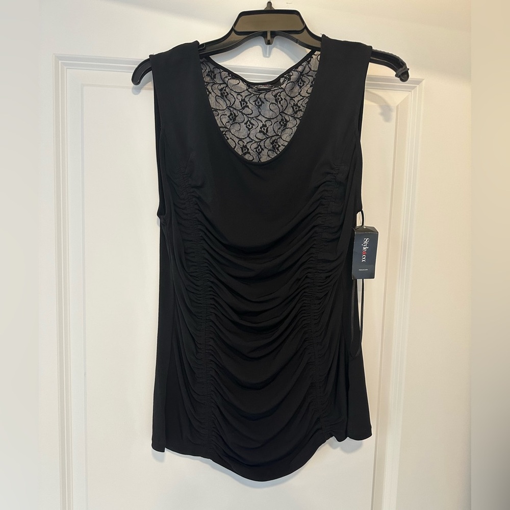 Style & Co Black Sleeveless Ruched Lace Backing Top Size M